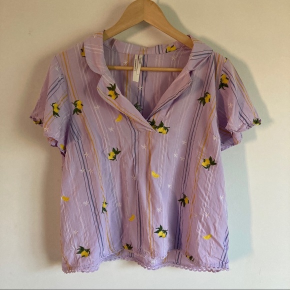 ANTHROPOLOGIE Lemon Orchard Embroidered Sleep Top Sz L - Picture 3 of 7